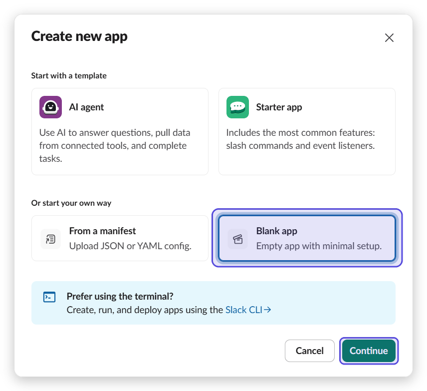 The Create new app dialog with "Blank app" and Continue highlighted.