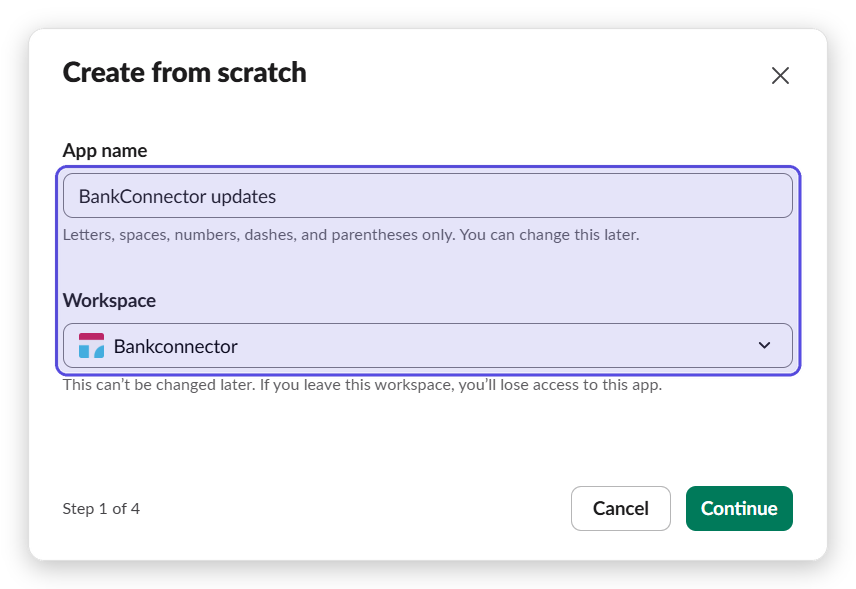The app name and workspace fields highlighted.