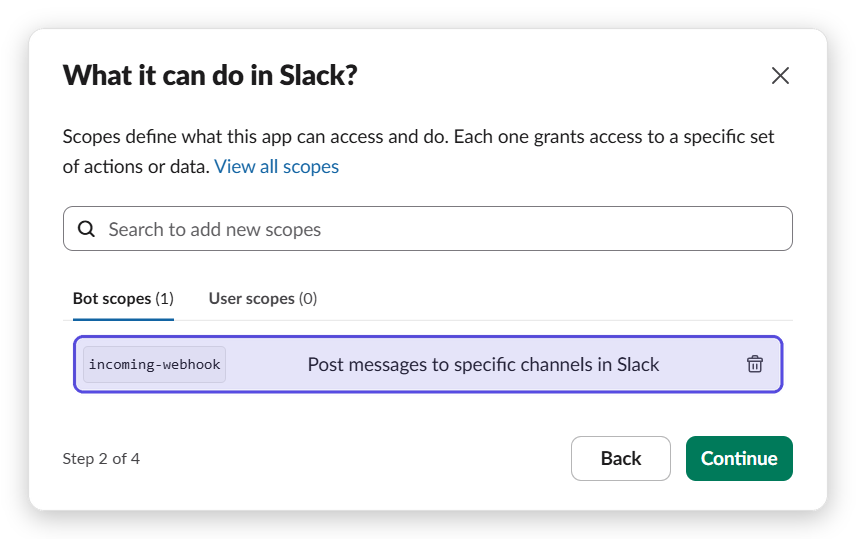 The scopes step with the incoming-webhook bot scope highlighted.