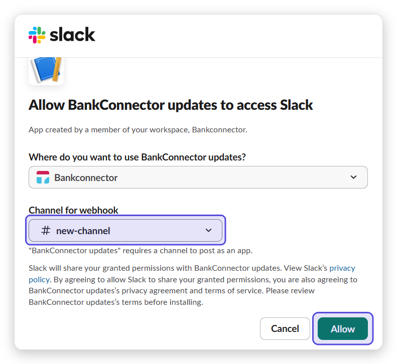 The Slack permission screen with the channel picker and Allow highlighted.
