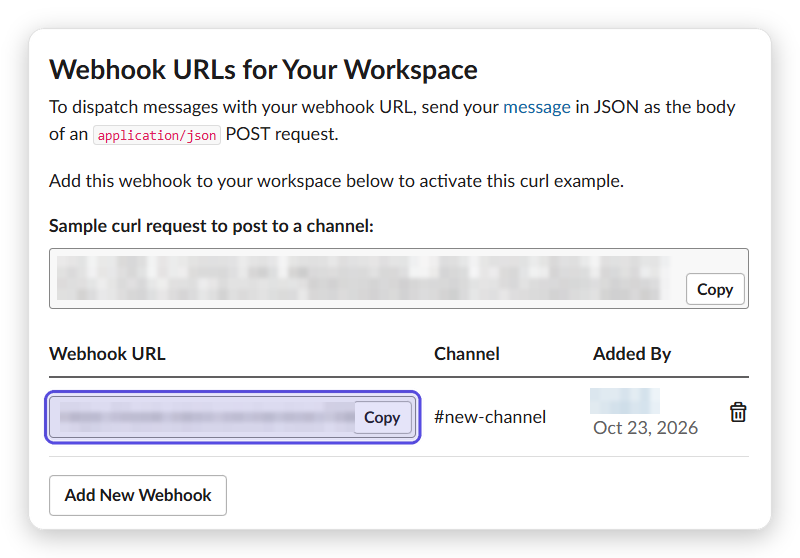 The Webhook URLs for Your Workspace table with the Copy button highlighted.