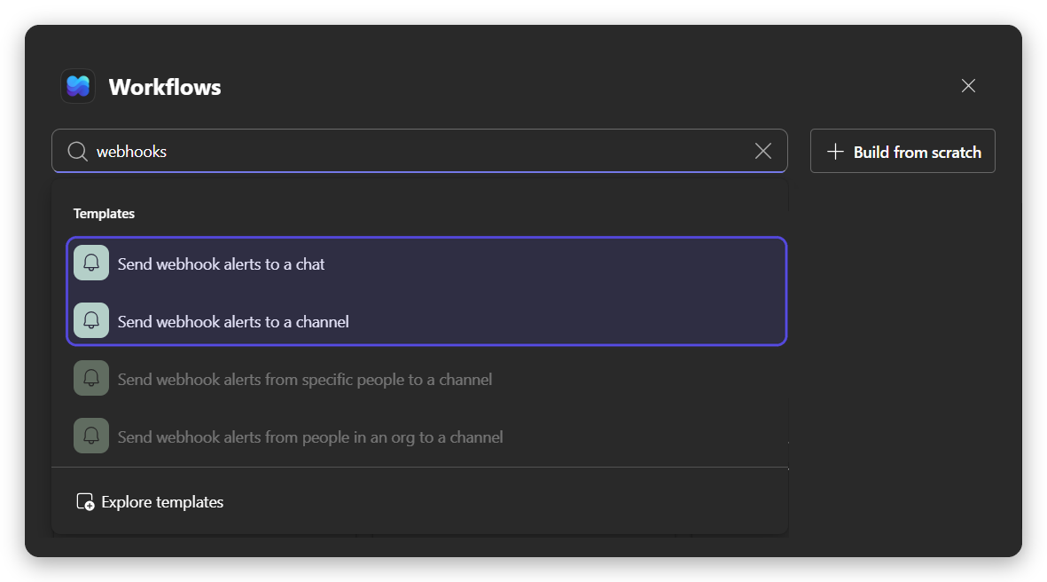 The Workflows app with "webhooks" searched. The two templates BankConnector can post to, "Send webhook alerts to a chat" and "Send webhook alerts to a channel", are highlighted.