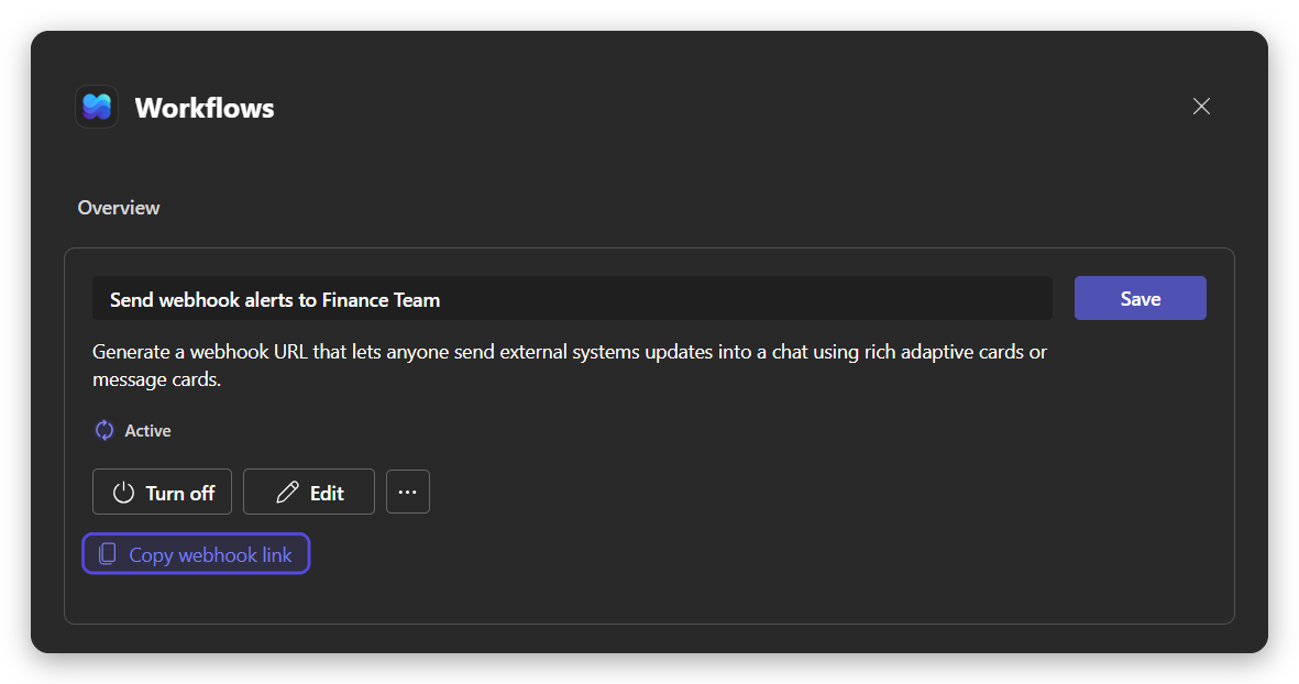 The finished workflow with "Copy webhook link" highlighted.